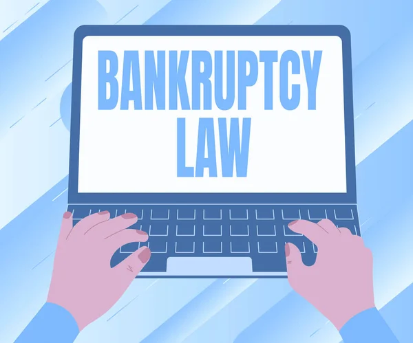 Conceptual caption Bankruptcy Law. Word for Designed to help creditor in getting the asset of the debtor Illustration Of A Busy Hand Working On Laptop Searching For Ideas. — Fotografia de Stock