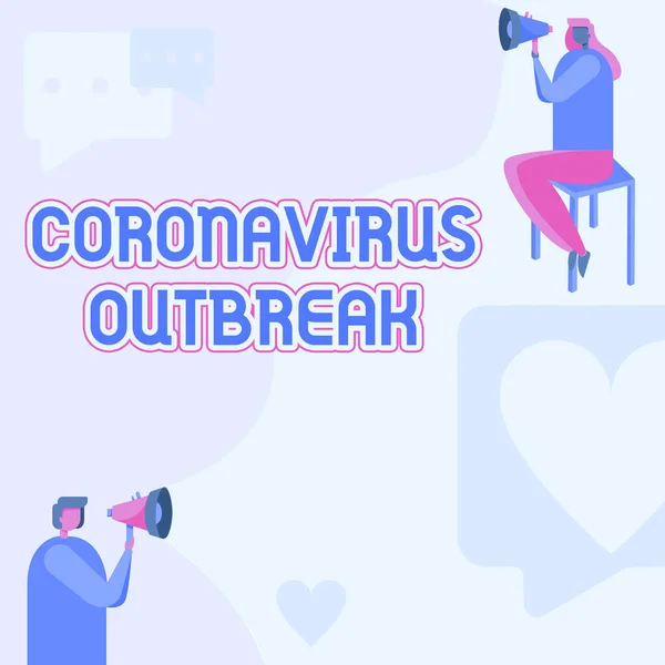 Texto que presenta Brote de Coronavirus. Concepto que significa enfermedad infecciosa causada por el hombre recién descubierto COVID19 y la mujer sentados ambos sosteniendo el megáfono con el símbolo del mensaje. — Foto de Stock