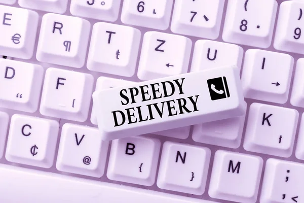 Sign displaying Speedy Delivery. Business idea provide products in fast way or same day shipping overseas Typing Device Instruction Manual, Posting Product Review Online — Stockfoto