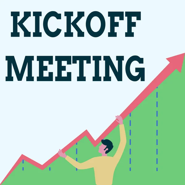 Text sign showing Kickoff Meeting. Business showcase Special discussion on the legalities involved in the project Man Drawing Holding Graph Arrow Showing Business Growth. — 图库照片