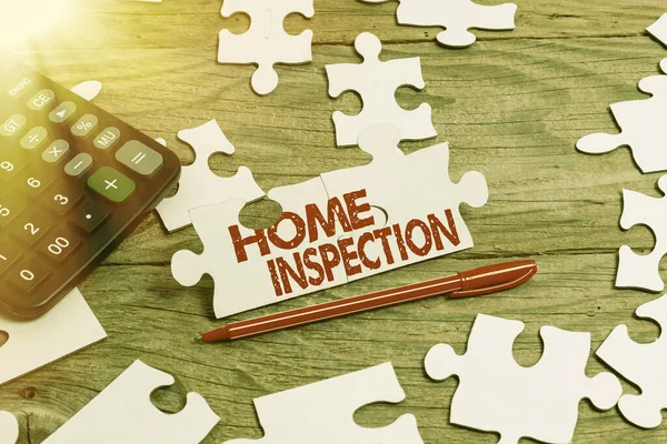 Inspiration showing sign Home Inspection. Word for Examination of the condition of a home related property Building An Unfinished White Jigsaw Pattern Puzzle With Missing Last Piece — Stockfoto