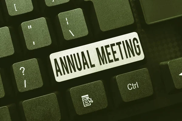 Conceptual display Annual Meeting. Internet Concept scheduled annually for the discussion of the business future Typing Business Agreement Letter, Typewriting New Binding Contract — 图库照片