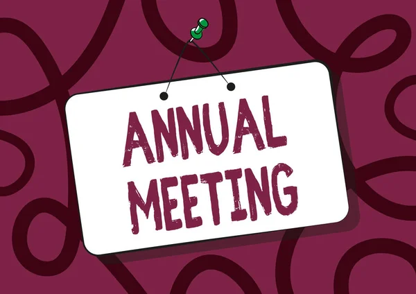 Sign displaying Annual Meeting. Business idea Yearly gathering of an organization interested shareholders Pinned Hanging Door Sign Drawing With Empty Writing Space. — Stockfoto