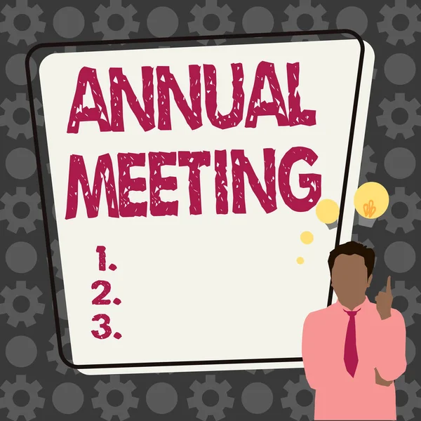 Inspiration showing sign Annual Meeting. Word for Yearly gathering of an organization interested shareholders Illustration Of A Businessman Standing Coming Up With New Amazing Ideas. — Stockfoto