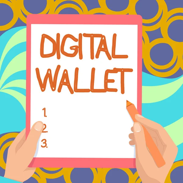 Text sign showing Digital Wallet. Concept meaning a financial account that allows creating an online transaction Drawing Of Both Hands Holding Tablet Lightly Presenting Wonderful Ideas — 图库照片