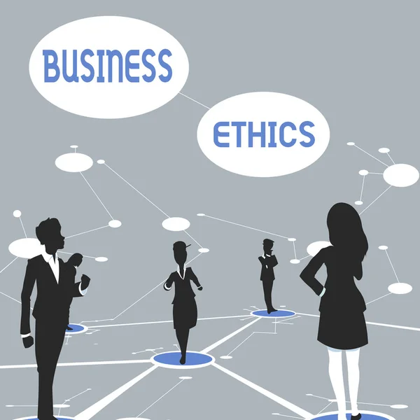 Text showing inspiration Business Ethics. Business concept appropriate policies which govern how a business operates Several Team Members Standing Separate Thinking Connected Lines On Floor. — 图库照片