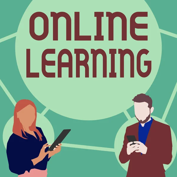 Konceptuální titulek Online učení. Word for Larning s pomocí internetu a počítače Ilustrace partnerů zaneprázdněn pomocí chytrých telefonů Vyhledávání nápadů. — Stock fotografie
