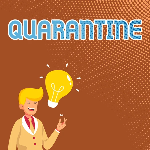 Writing displaying text Quarantine. Business idea restraint upon the activities of person or the transport of goods Gentleman Drawing Standing Having New Idea Presented With Light Bulb. — Foto Stock