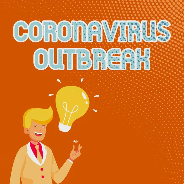 Концептуальное отображение вспышки коронавируса. Инфекционное заболевание бизнес-концепции, вызванное недавно обнаруженным COVID19 Джентльмен рисунок стоя, имея новую идею, представленную с лампочкой. — стоковое фото