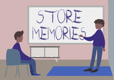 Metin başlığı mağaza anılarını sunar. Kavramsal fotoğraf, daha önce edinilmiş bir veri giriş ve depolama süreci Öğretmen ve Öğrenci Çizimleri Sınıfta Özel Bir Sınıfta Sınıfı Çiziyor.