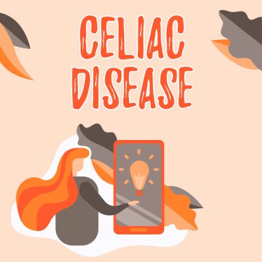 El yazısı işareti Celiac Hastalığı. Otoimmün Bozukluk kelimesi öncelikli olarak cep telefonunun basınçlı ekranında Geleceğin Teknolojisini gösteren ince bağırsağı etkiliyor..