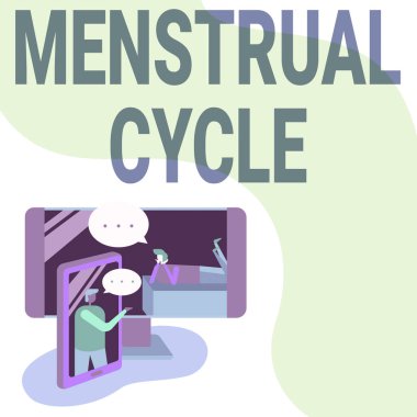 İlham, adet döngüsünü gösteriyor. Yumurtalıklarda ve rahimde aylık değişim döngüsü. İki meslektaşın konuşma baloncuklarıyla Düşüncelerini Paylaşması Telefonlardan fırlıyor.