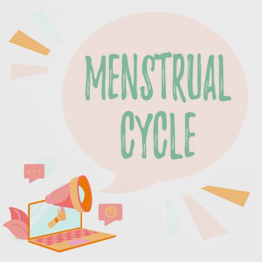 Adet döngüsünü gösteren bir tabela. Yumurtalıklarda ve uterusta aylık değişim sözcüğü dizüstü bilgisayarda çizim yapıyor. Megafonla Sohbet Bulutu 'nda Yorumlar ve Tepkiler.