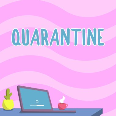 Kavramsal görüntü karantinası. İş fikri, kişinin faaliyetlerine veya malların taşınmasına Dizüstü bilgisayar kalem tutucu ve açık ve düzenlenmiş bir çizim ile kısıtlama getiriyor