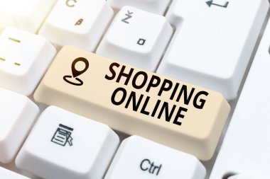 İnternetten ilham verici alışveriş metni gösteriliyor. İnternet sitesi üzerinden istediğiniz iş genel görünümü satın alıp sonra da İnternet üzerinden mal alıp satma, İnternet üzerinden ürün listeleme