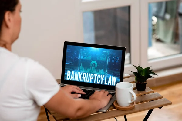 Text showing inspiration Bankruptcy Law. Concept meaning Designed to help creditor in getting the asset of the debtor Woman Doing Work On Laptop Next To Plant And Mug Working From Home. — 图库照片