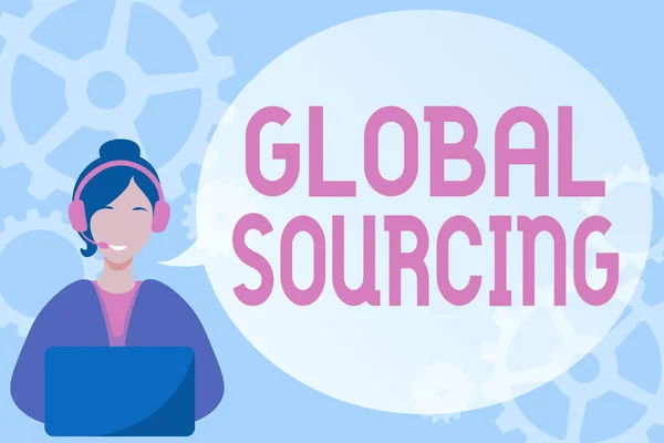 Концептуальный дисплей Global Sourcing. Обзор деловой практики поиска товаров на мировом рынке Lady Call Center Illustration With Headphones Speech Bubble Conversation. — стоковое фото