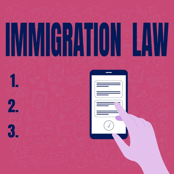 Hand writing sign Immigration Law. Word Written on Emigration of a citizen shall be lawful in making of travel Illustration Of Hand Using Smart Phone Texting New Important Messages. — Fotografia de Stock