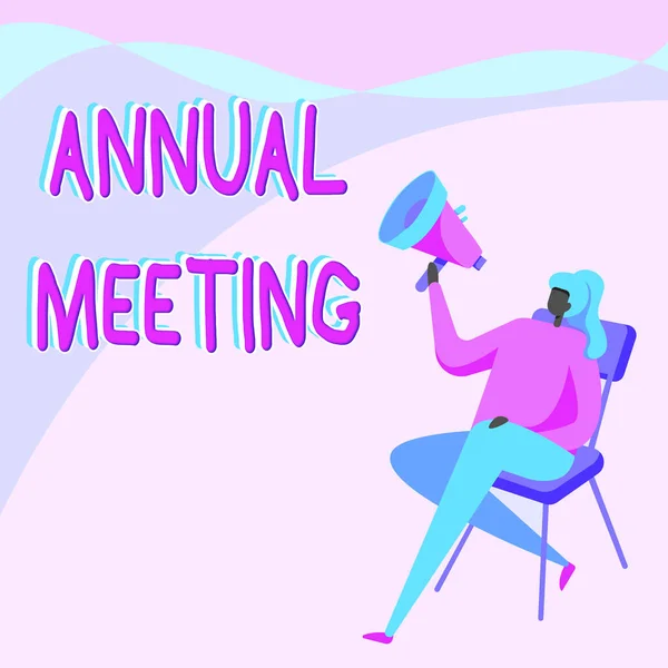 Text showing inspiration Annual Meeting. Word Written on scheduled annually for the discussion of the business future Woman Drawing Holding Megaphone Sitting On A Chair Crossed Legs. — Stockfoto