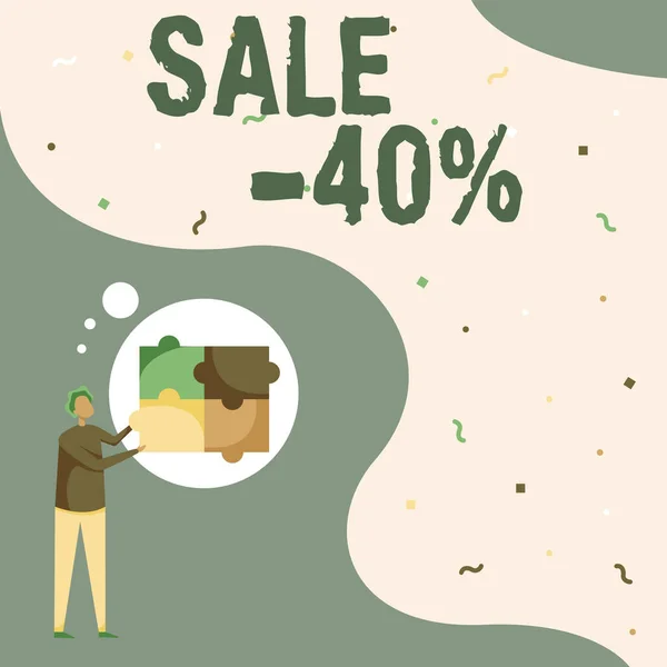 Writing displaying text Sale 40 Percent. Business idea A promo price of an item at 40 percent markdown Man Drawing Standing Fitting Four Jigsaw Puzzle Pieces. — Foto Stock