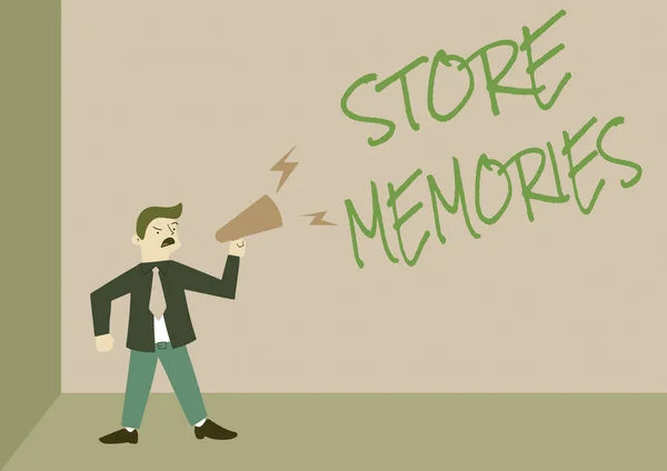 Tekst weergeven Store Memories. Business idee een proces van het invoeren en opslaan van gegevens eerder verworven Man Standing Schreeuwen Over Megaphone Presenteren van nieuwe aankondiging. — Stockfoto