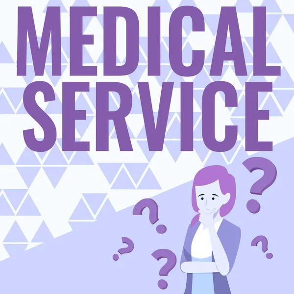 Hand writing sign Medical Service. Business overview treat illnesses and injuries that require medical response Lady Drawing Brainstorming New Solutions Surrounded With Question Marks. — Fotografia de Stock