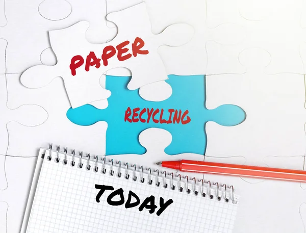 Handwriting text Paper Recycling. Concept meaning Using the waste papers in a new way by recycling them Building An Unfinished White Jigsaw Pattern Puzzle With Missing Last Piece — 图库照片