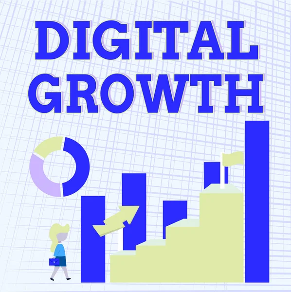 手書きのサインデジタル成長.ビジネスの進捗の初期段階を意味する概念共有ビジョンを開発するビジネスウーマンパフォーマンスを示す大きなグラフに向かって歩く — ストック写真
