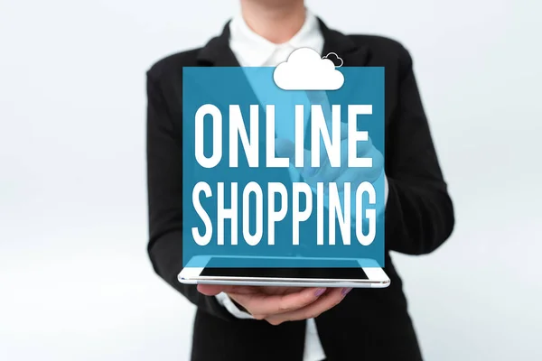 Online vásárlás kijelzése. Koncepció jelentése lehetővé teszi a fogyasztók számára, hogy vásárolni az interneten keresztül bemutatja az új technológiai ötletek megvitatása Technológiai javulás — Stock Fotó
