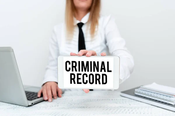 Handwriting text Criminal Record. Word for profile of a person criminal history with details Intern Starting A New Job Post, Student Presenting Report Studies — Foto Stock