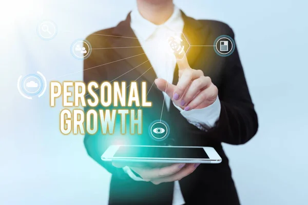 Handwriting text Personal Growth. Word for improve develop your skills qualities Learn new materials Woman In Uniform Holding Mobile Phone Showing Futuristic Virtual Icons — Stock Photo, Image
