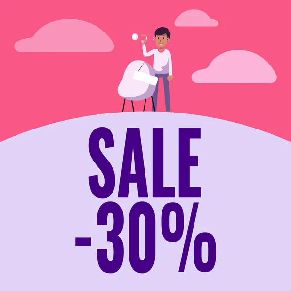 Text sign showing Sale 30 Percent. Business idea A promo price of an item at 30 percent markdown Man Binoculars Illustration Standing Chair With Sign Looking Opportunities. — 图库照片