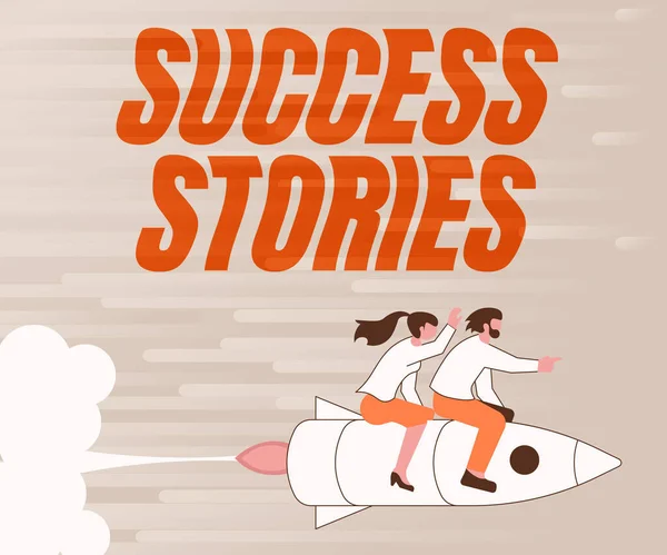 Inspiration showing sign Success Stories. Word for life of rule models from how he started to his death Illustration Of Happy Partners Riding On Rocket Ship Exploring World. — Stock Photo, Image