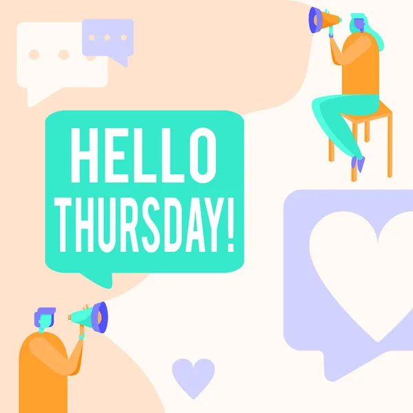 Text sign showing Hello Thursday. Word Written on a positive message as the Friday s is herald passes by Man Standing And Woman Sitting Both Holding Megaphone With Message Symbol. — Fotografia de Stock