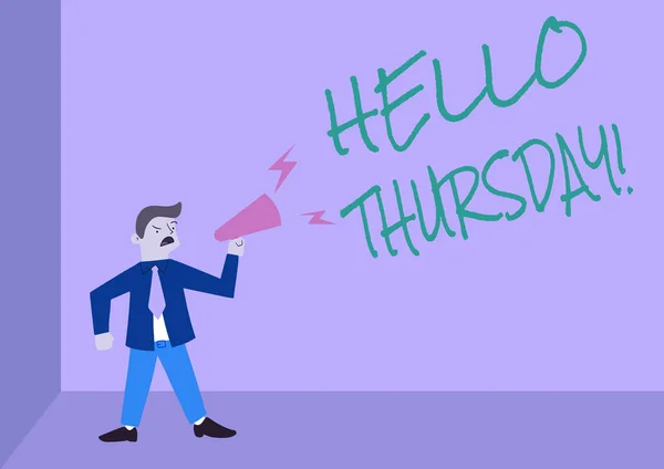 Az SMS-ben az áll: Hello Thursday. Üzleti ötlet pozitív üzenetet, mint a péntek s hírnök halad ember álló Kiabálás felett Megafon bemutatása Új közlemény. — Stock Fotó