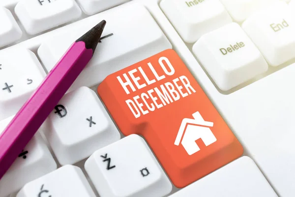 Texto presentando Hola Diciembre. Saludo conceptual de la foto utilizado al dar la bienvenida al duodécimo mes del año Transcribiendo el registro de audio de la reunión de Internet, nuevos métodos de transcripción — Foto de Stock