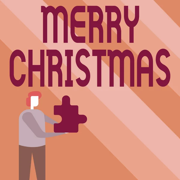Conceptual display Merry Christmas. Word Written on annual tradition to celebrate the birth of Jesus Christ Business Man Holding Jigsaw Puzzle Piece Unlocking New Futuristic Technologies — 图库照片