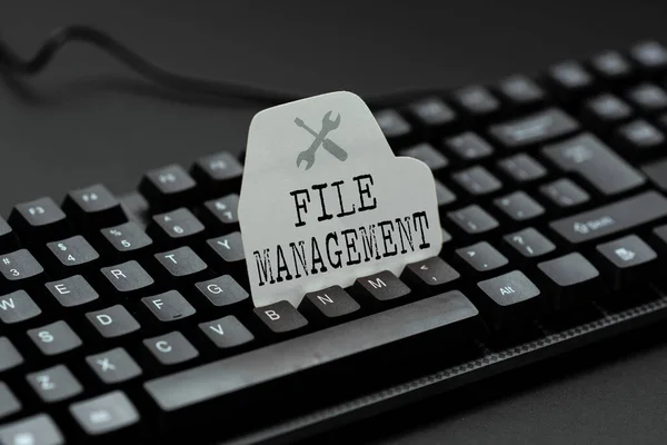 Handwriting text File Management. Word for computer program that provides user interface to manage data Creating New Online Shop Business, Typing List Of Trading Goods — Fotografia de Stock