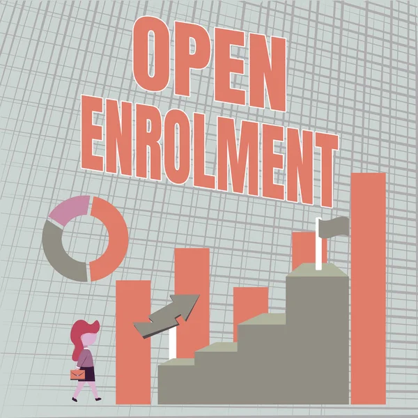 Sign displaying Open Enrolment. Business overview allows the application of health insurance within the period Business Woman Walking Towards Large Graph Showing Performance — Fotografia de Stock