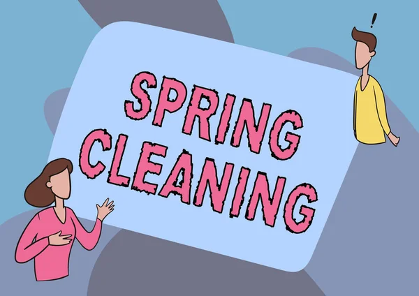 Text sign showing Spring Cleaning. Conceptual photo practice of thoroughly cleaning house in the springtime Lady Illustration Having Exploratory Conversation With Her Colleague. — Foto Stock