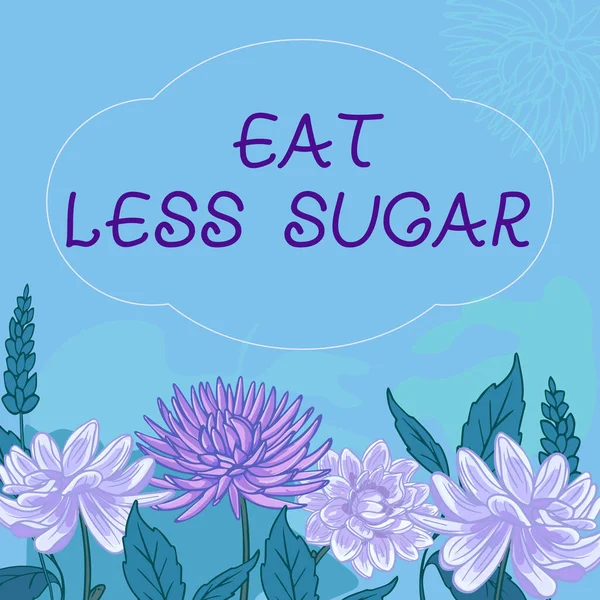 概念表示以下の砂糖を食べる。インターネットの概念砂糖の摂取量を減らし、健康的な食事を食べる豊かな食べ物テキストフレームは、割り当てられた花の心と葉で囲まれています. — ストック写真