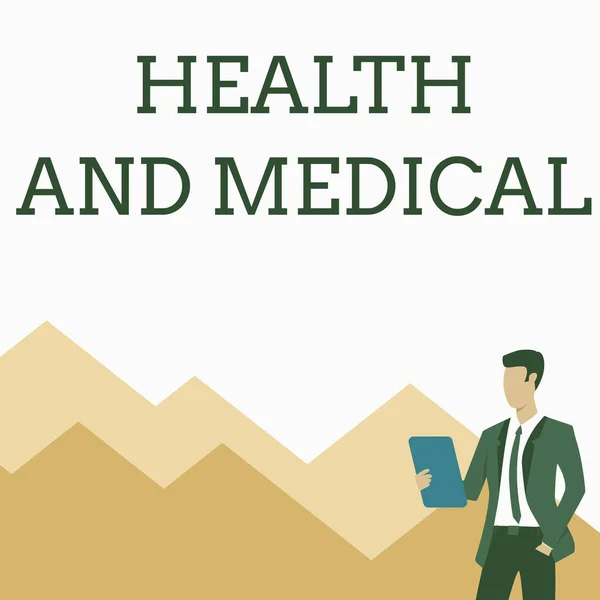 Conceptual display Health And Medical. Business overview study and investigation of physical and mental wellbeing Man In Uniform One Hand In Pocket Standing Holding Computer Tablet. — Stockfoto