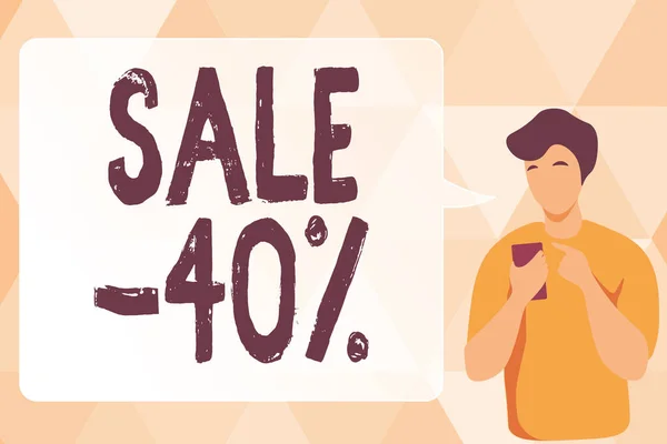 Writing displaying text Sale 40 Percent. Business concept A promo price of an item at 40 percent markdown Man Illustration Using Mobile And Displaying Speech Bubble Conversation. — 图库照片
