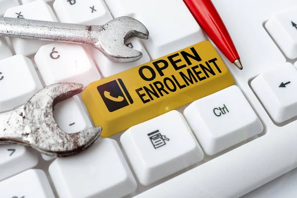 Conceptual display Open Enrolment. Business approach allows the application of health insurance within the period Abstract Fixing Internet Problem, Maintaining Online Connection — 图库照片