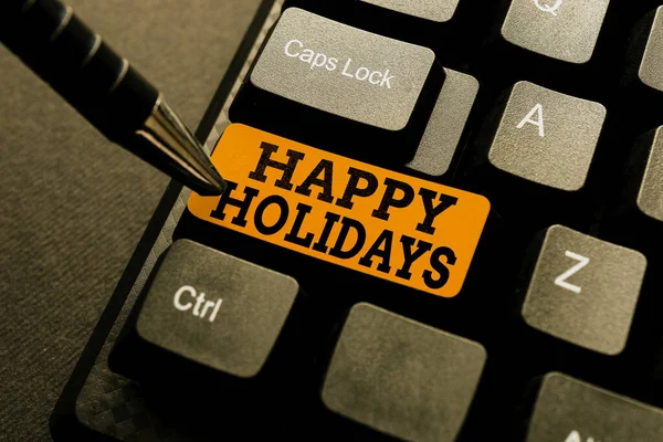 Hand writing sign Happy Holidays. Concept meaning observance of the Christmas spirit lasting for a week Connecting With Online Friends, Making Acquaintances On The Internet — Stockfoto