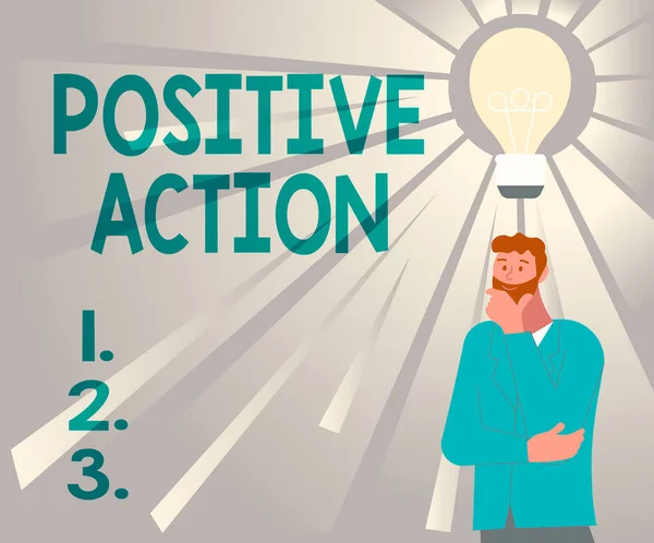 Inspiration showing sign Positive Action. Business overview doing good attitude against certain situation Fine reaction Illustration Of A Man Standing Coming Up With New Amazing Ideas. — 图库照片