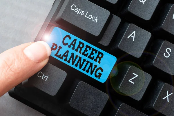 Hand writing sign Career Planning. Conceptual photo Strategically plan your career goals and work success Compiling And Typing Online Research Materials, Sending Chat Messages — Stock Photo, Image