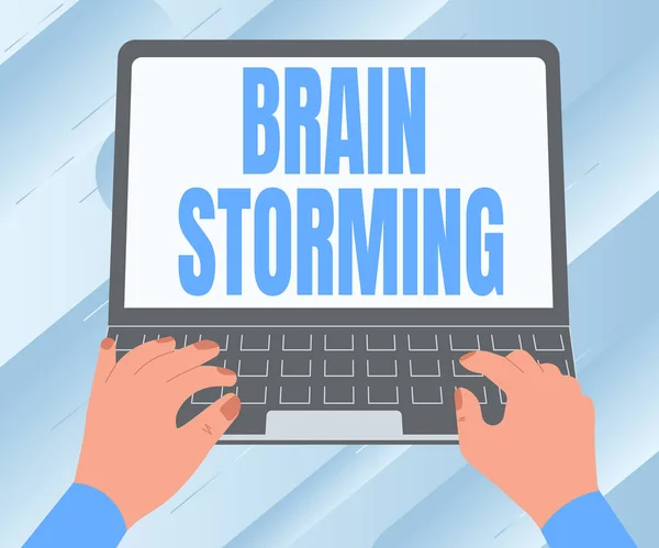 Έμπνευση που δείχνει σημάδι Εγκεφαλικής Καταιγίδας. Έννοια που σημαίνει τόνωση της δημιουργικής σκέψης Ανάπτυξη νέων ιδεών Συζήτηση Εικονογράφηση ενός πολυάσχολου χεριού εργασίας σε φορητό υπολογιστή αναζήτηση ιδεών. — Φωτογραφία Αρχείου