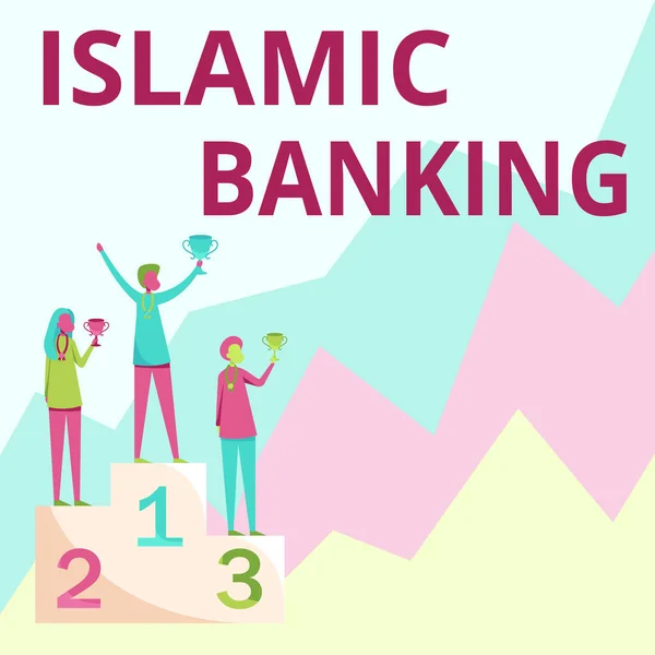 Hand writing sign Islamic Banking. Word for Banking system based on the principles of Islamic law Three Competitors Standing On Podium Holding Trophies Celebrating Victory. — Foto Stock