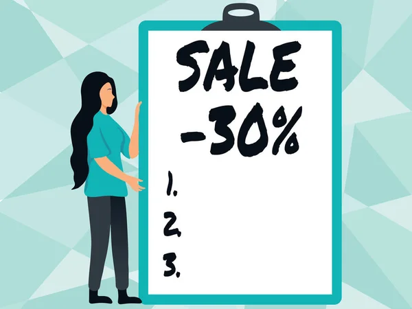 Conceptual caption Sale 30 Percent. Business approach A promo price of an item at 30 percent markdown Woman Drawing Holding A Big Empty Clipboard Showing New Meaning. — Foto Stock